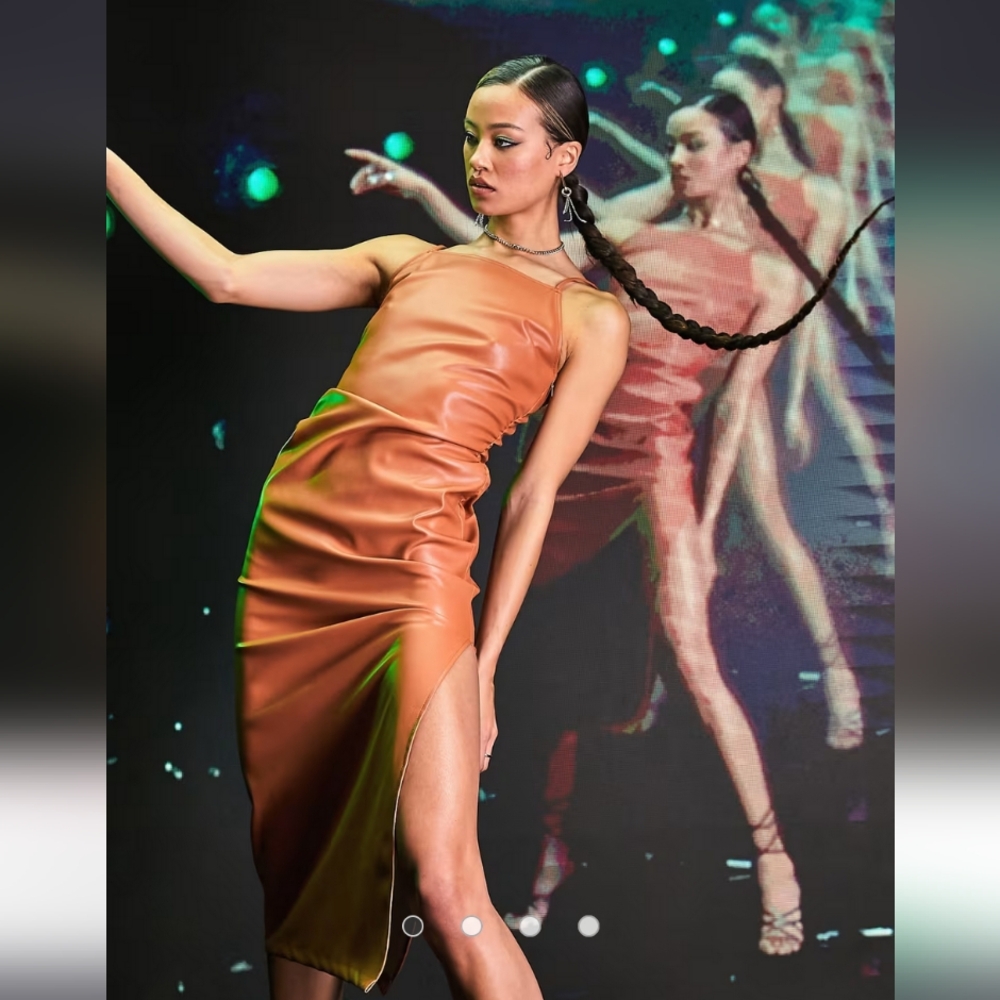 Camel Cami Slip Dress In Vegan Leather with Thigh Slit And Ruched Sides